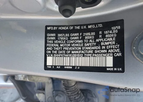 2019 Honda Civic Sport from USA, damaged, VIN SHHFK7H41KU201512